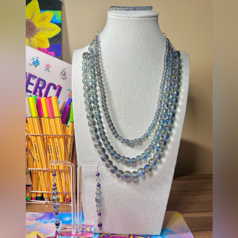 “Celestial Baubles” 3- strand Artisan Necklace & Earring Set